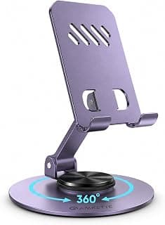Amkette Ergo 360° Alloy Mobile Stand for Desk, Foldable Design with Stable Rotational Metallic Round Base, Multiple Height & Angle adjustments for Smartphones, Tablets & iPad (Purple)