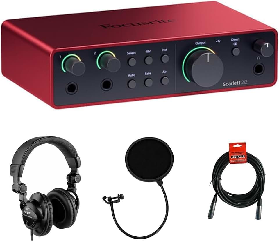 Focusrite Dual Instrument Podcast Kit Scarlett 2i2 4th Gen USB Audio Interface with Auto Gain & Clip Safe - 69dB Ultra-Clean Preamp Range (Rev 4)