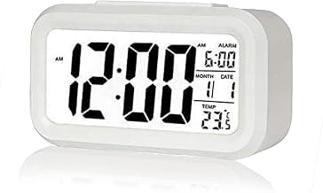 Kadio Digital Alarm Clock,Battery Operated Small Desk Clocks,with Date,Indoor Temperature,Smart Night Light,LCD Electronic Clock for Bedroom Home Office - White (KDwhite)