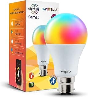 wipro 9-Watt B22 WiFi Smart LED Bulb with Music Sync (16 Million Colours + Warm White/Neutral White/White) (Compatible with Amazon Alexa and Google Assistant), Standard (NS9400)(Pack of 1)