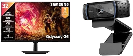 Samsung32" Odyssey G5 Fast IPS Gaming Monitor|QHD 2560 x 1440|180 Hz|1ms|300nits|HDR10|AMD FreeSync|G-Sync|Ports-DP,HDMI,Headphone + Logitech C920 HD Pro Webcam