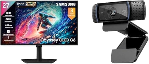Samsung27" Odyssey QD-OLED G6 Gaming Monitor(Smartchoice) | QHD 2560 x 1440| 240 Hz| 0.03ms | Ergonomic Stand | Pantone Validated| Glarefree | TrueBright 300| G-Sync + Logitech C920 HD Pro Webcam