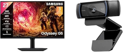 Samsung27" Odyssey G5 Fast IPS Gaming Monitor|QHD 2560 x 1440|180 Hz|1ms|300nits|HDR10|AMD FreeSync|G-Sync|Ports-DP,HDMI,Headphone + Logitech C920 HD Pro Webcam
