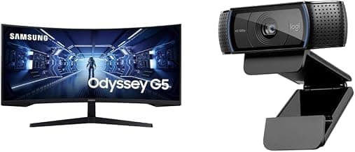Samsung34"(86.42cm) Odyssey G5 Curved Gaming Monitor|WQHD 3440 x 1440|1000R|165Hz|1ms|21:9|Wall Mountable|FreeSync Premium|Ports-DP, HDMI, Headphone|DP Cable|Eye-Saver + Logitech C920 HD Pro Webcam