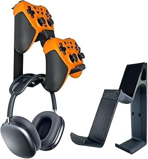 Retro Dual Gaming Controller & Headphone Stand Wall Mount with Cable Holder | Stick-On Adhesive No-Drill | ABS Organizer for Gaming Room & Desk | Includes Cleaning Wipes (Black, Pack of 1)