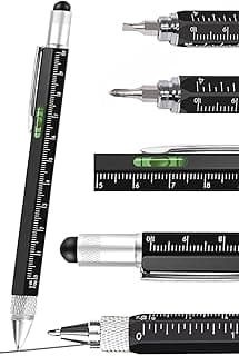Multifunction 6 in 1 Tool with Ballpoint Pen, Touch Screen Stylus, Ruler, Spirit Level, Flat-head Screwdriver, All-in-One Tech-Tool Gadgets for Mens Gifts, Aluminium