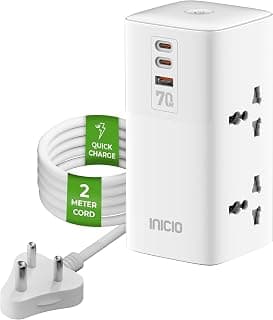 INICIO 70W Type-C 7 Port Power Strip (2 USB C PD / 1 USB / 4 Sockets) 2500W Fast Charging Extension Cord for MacBook Pro Air iPad iPhone 17 16 15 Galaxy S26 S25 Ultra Pixel 10 9 Home Office Use