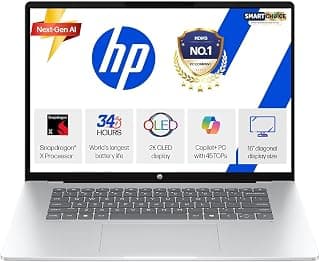 HP Omnibook 5 OLED (Previously Pavilion), Snapdragon X Processor 45 Tops (16GB LPDDR5x, 1TB SSD) 2K,16''/40.6cm, Win11, Office24, Silver, 1.59kg, fb0001QU, Multi-Day Battery AI Laptop