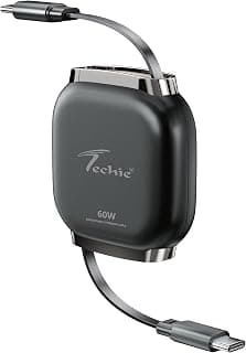 Techie Type-C to Type-C Retractable Cable Black 60W USB-PD Fast Charging 1m Flat TPE Copper Cable for Smartphones, Tablets & Laptops