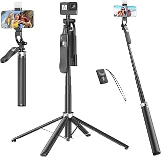 71" Selfie Stick Tripod with Reinforced 4-Leg Tripod Stand for Phone, 360° Rotatable Handle, Rechargeable Fill Light & BT Remote. Aluminum Alloy Ultimate Stabilitya for Smartphones, GoPro