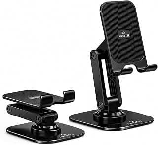 Amkette Ergo 360 Mobile Stand for Desk with Premium Metal + ABS Build & Triple-Hinge Design, Adjustable Height & Viewing Angles, Stable Metallic Round Base for Smartphones, Tablets, Kindles & iPad.