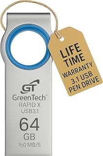 GREENTECH Rapid X 3.1 USB 64GB Flash Drive | Upto 150MBps Speed | Lightweight & Durable | Quick File Transfer Pendrive | USB Drive for Laptop, Car, Smart TV & More