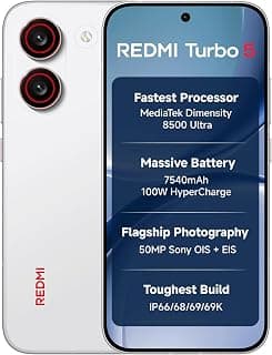 REDMI Turbo 5 (8GB + 256GB) Turbo White | MediaTek Dimensity 8500 Ultra | Mega 7540mAh Battery | 100W HyperCharge | Compact 16.75cm(6.9) 120Hz Display | 50MP Sony OIS Camera