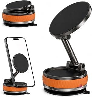 (1 Year Warranty) Foldable Magnetic Phone Stand Holder, 360° Rotating Desktop Mobile Stand, Adjustable Height & Viewing Angle, Strong Full-Circle Magnetic Mount, Portable for All Smartphones - Orange