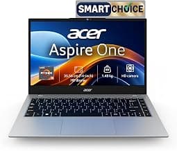 Acer Smartchoice Aspire One, AMD Ryzen 5-40, 8GB LPDDR5 RAM/ 256GB SSD, 14.0"/35.56cm WXGA Display, Win 11 Home, Pure Silver, 1.48KG, A114-43, Thin and Light Laptop