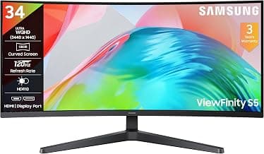 Samsung34" (86.4cm) ViewFinity S5 Curved Monitor|Ultrawide WQHD 3440 X 1440|120hz|SRGB 99%|300nits|PIP|PBP|HDR10|FreeSync Premium|Tilt Adjustable|Wall Mountable|LS34H550GAWXXL|Black