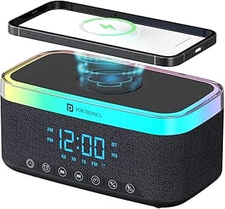 Portronics Trifusion 16W HD Sound Bluetooth Speaker with 15W Wireless Charging, 360°RGB LED Lights, Digital Clock with Alarm Setting, Built-in White Noise, USB/SD Card/AUX in, Type C Charging(Black)