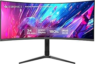 Zebronics PA234 34 Inch 1500R Curved Ultrawide Gaming Monitor, UWQHD 3440x1440, 180Hz, 1ms MPRT, HDR10, Adaptive Sync, 100% sRGB, Height/Pivot/Swivel/Tilt Adjust, 2 x DP, 2 x HDMI Ports