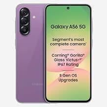Samsung Galaxy A56 5G (Awesome Violet Glow, 8GB, 256GB) | Segment Most Complete Triple Camera | AI Editing | 4nm Processor | sAMOLED Display| Gorilla Glass Victus+| 5 Gen OS Upgrades