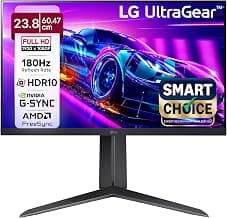 LG 24GS65F Smartchoice 60.47cm (23.8Inch) Ultragear FHD (1920x1080) IPS Gaming Monitor, 180Hz, 1ms, NVIDIA G-SYNC Compatible, AMD FreeSync, DP, HDMI, Tilt/Height/Pivot Adjustable, Anti-Glare (Black)