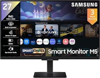 Samsung 27" M5 Smart Monitor with Smart TV Experience (Smartchoice) |FHD 1920 x 1080| Screen Mirroring | IPS Pane l TV Plus| Speakers | Adaptive Sound | Wi-Fi | HDMI |Bluetooth| LS27FM500EWXXL | Black