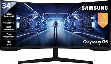 Samsung 34"(86.42cm) Odyssey G5 Curved Gaming Monitor|WQHD 3440 x 1440|1000R|165Hz|1ms|21:9|Wall Mountable|FreeSync Premium|Ports-DP, HDMI, Headphone|DP Cable|Eye-Saver|LC34G55TWWWXXL|Black