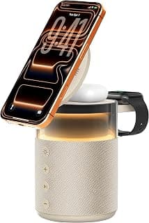 eller santé® 4in1 Bluetooth Speaker 15W Magnetic Mag-Safe Wireless Charger for iPhone 17/16/15/14/13/12 Series,iwatch, Airpods Fast Charging Dock Phone Stand with Night Light & Music Sound