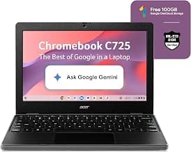 Acer Chromebook, MediaTek Kompanio 540 Octa-Core Processor, 4GB RAM, 64GB eMMC, Full HD, 11.6"/27.94cm Display, Chrome OS, Black, 1.2 KG, C725, Arm Mali G57 Graphics, WiFi 6E Laptop