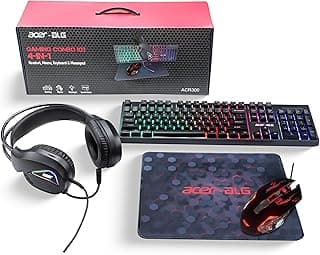 Acer 4 in 1 Wired Gaming Combo, 7 Color LED Backlit Keyboard, RGB Mouse (800/1600/2400/3200 DPI), Premium Gaming Headset (50mm Driver, 120dB) with Mixed Light Effect, Fabric Weave Mousepad (Black)