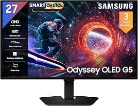 Samsung27" Odyssey QD-OLED G5 Gaming Monitor (Smartchoice) |QHD 2560 x 1440|180 Hz|0.03ms|Pantone-Validated|G-Sync|Free Sync|Glarefree|Ports-DP,HDMI,Headphone|1 Billion Color| LS27FG502SWXXL|Black