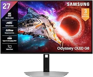 Samsung Odyssey OLED G8 Gaming Monitor (27") 4K UHD, 240 Hz, 0.03ms(GTG), G-Sync, FreeSync Premium Pro, DP, HDMI, USB Ports, Height, Tilt, Swivel, Pivot Adjust Stand, (LS27HG800SWXXL, Silver)