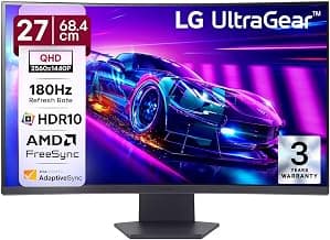 LG 27GS60QC 68.4cm (27 Inch) Ultragear Curved (1000R) QHD (2560x1440) Gaming Monitor, 180Hz, 1ms, 3-Side Virtually Borderless, Anti-Glare, DP, HDMI X 2, HP Out, AMD FreeSync™, Tilt Adjustment (Black)