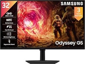 Samsung32" Odyssey G5 Fast IPS Gaming Monitor|QHD 2560 x 1440|180 Hz|1ms|300nits|HDR10|AMD FreeSync|G-Sync|Ports-DP,HDMI,Headphone|Height-Tilt-Swivel-Pivot Adjustable Stand|LS32FG502EWXXL|Black