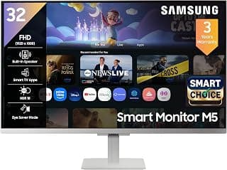 Samsung 32" (80cm) M5 Smart Monitor with Smart TV Experience (Smartchoice) |FHD 1920 x 1080|Screen Mirroring TV Plus|Speakers|Adaptive Sound|Wi-Fi|HDMI|Bluetooth|LS32FM501EWXXL|White