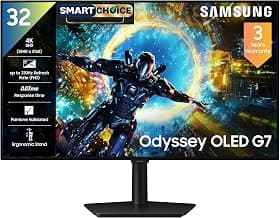 Samsung32" OLED 4K Odyssey G7 Gaming Monitor (Smartchoice)|UHD 3840 x 2160|4K 165Hz / FHD 330 Hz|0.03ms|Pantone Validated||Ergonomic Stand|FreeSync Premium Pro|G-Sync|DP|HDMI|LS32HG730SWXXL|Black