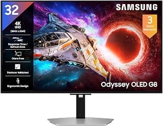 Samsung Odyssey OLED G8 Gaming Monitor 80cm (32") UHD, 240 Hz, 0.03ms(GTG), FreeSync Premium Pro, DP, HDMI, USB Hub, Height, Tilt, Swivel, Pivot Adjust Stand, (LS32HG800SWXXL, Silver)