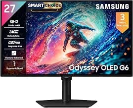 Samsung27" Odyssey QD-OLED G6 Gaming Monitor(Smartchoice) | QHD 2560 x 1440| 240 Hz| 0.03ms | Ergonomic Stand | Pantone Validated| Glarefree | TrueBright 300| G-Sync| Free Sync| LS27HG612SWXXL| Black