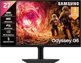 Samsung 27" Odyssey G5 Fast IPS Gaming Monitor|QHD 2560 x 1440|180 Hz|1ms|300nits|HDR10|AMD FreeSync|G-Sync|Ports-DP,HDMI,Headphone|Height-Tilt-Swivel-Pivot Adjustable Stand|LS27FG502EWXXL|Black