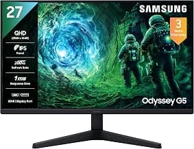 Samsung27" Odyssey G5 Fast IPS Gaming Monitor|QHD 2560 x 1440|200 Hz|1ms|300nits|HDR10|FreeSync Premium|Ports-DP,2 HDMI,Headphone|Wall Mountable|LS27FG530EWXXL|Black